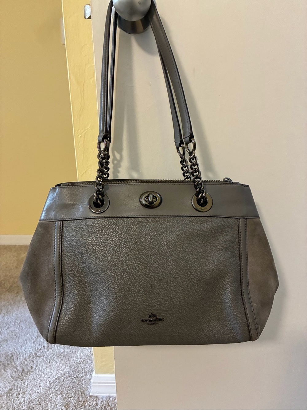 Coach Grey Pebbled Leather Shoulder Bag with Chain Handles